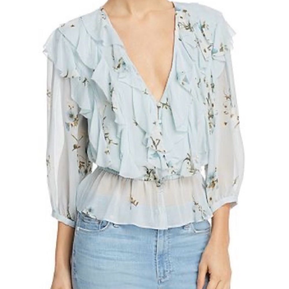 🌸 Joie Arleyne Floral Ruffle Blouse | Celadon Blue Sheer Peplum | Size M